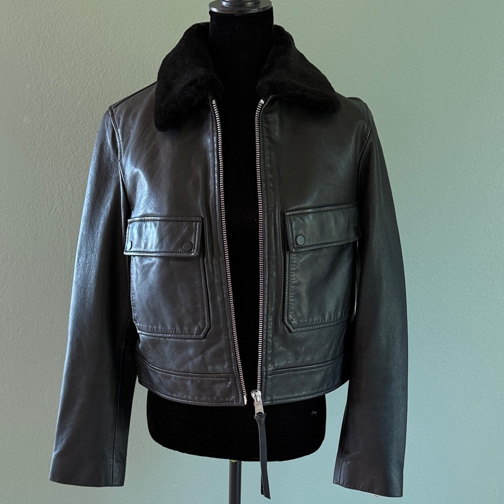 All Saints Black Leather Bomber Jacket with Black Shearling Collar
